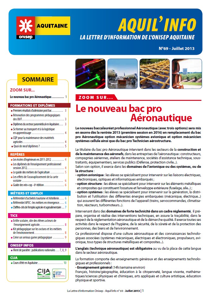 ONISEP Aquitaine - Aquilinfo n° 69 juillet 2013.