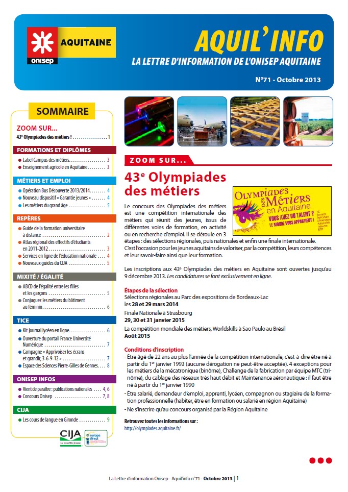 ONISEP Aquitaine – Aquil’Info n° 71 - octobre 2013